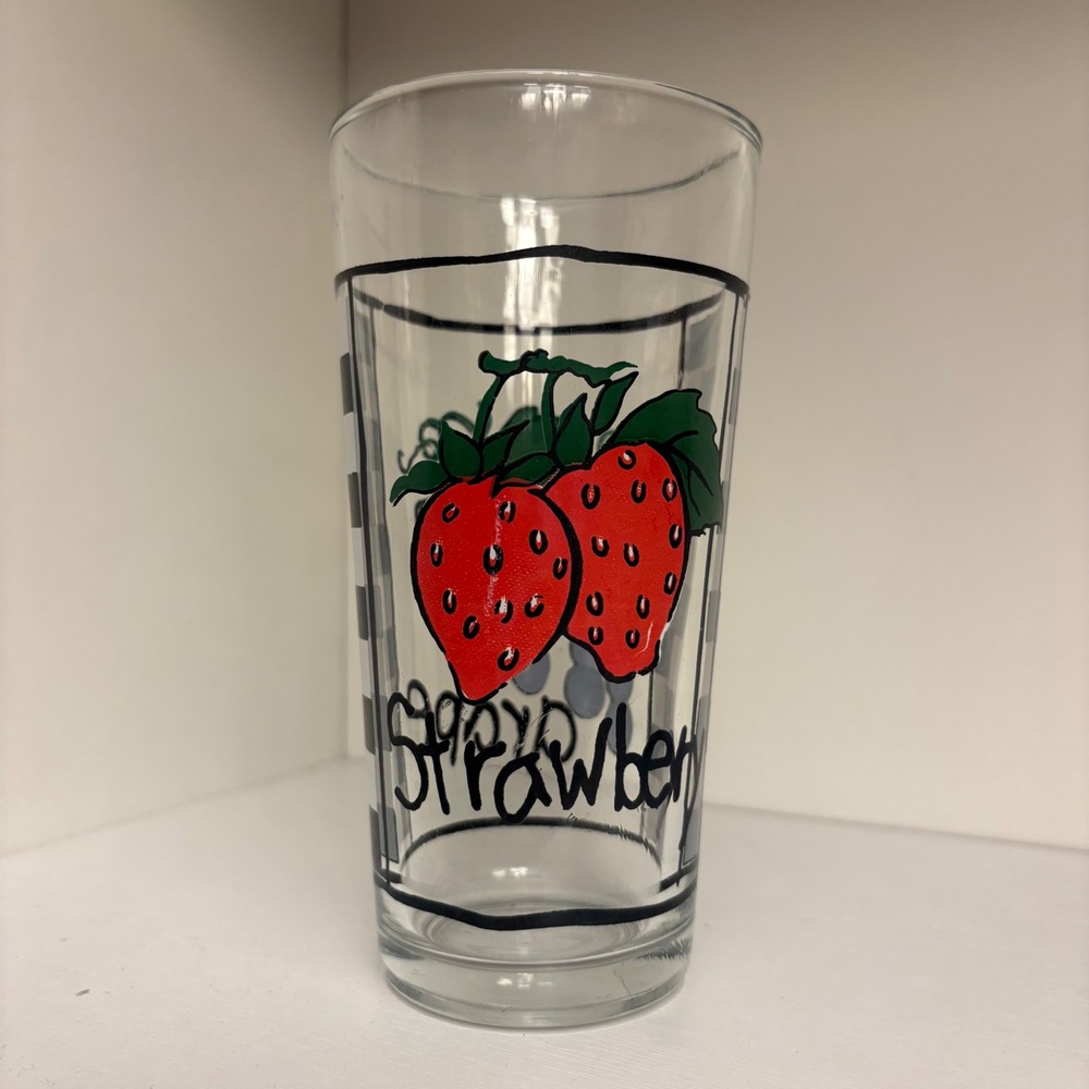 Vintage Strawberry and Grape Juice Glass Retro Checkered Fruit Tumbler Clear